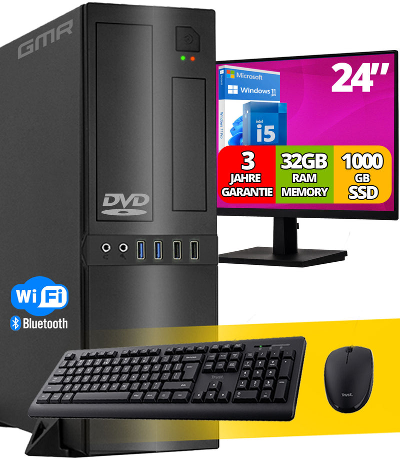 Intel Office PC Komplett 24 Zoll HD-Monitor, Tastatur und Maus | Intel i5 | 32 GB RAM | 1000 GB SSD | DVD-Brenner - Kartenleser | WiFi 600 und Bluetooth 5 | USB3 | Windows 11 Pro | 3 Jahren Garantie!