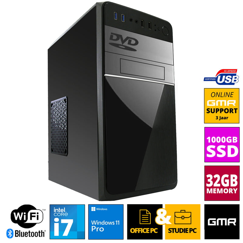 Intel Core i7 Multimedia PC Komplett mit Tastatur und Maus - Schneller Computer für Büro & Home Office | 32GB RAM | 1000GB SSD | DVD+RW | USB3.0 | WLAN | Windows 11 Pro | WiFi 600 und Bluetooth 5