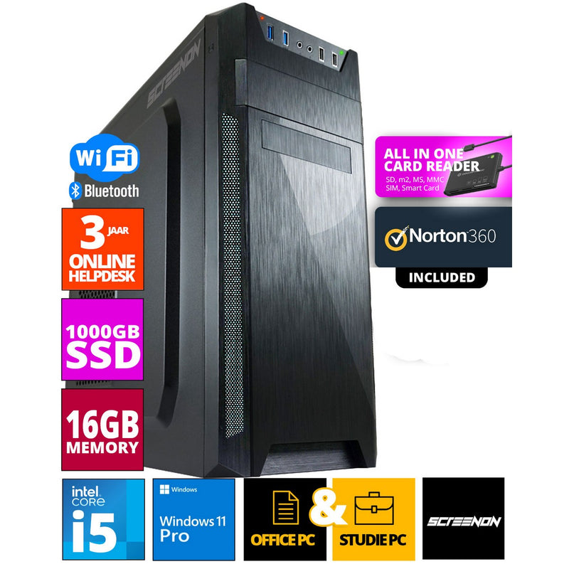 Intel Office PC - Intel Core i5 - 1TB NVME SSD - 16GB RAM - GTX 1650 - Including Office Professional Plus 2021, Norton 360 & USB SD Card Reader