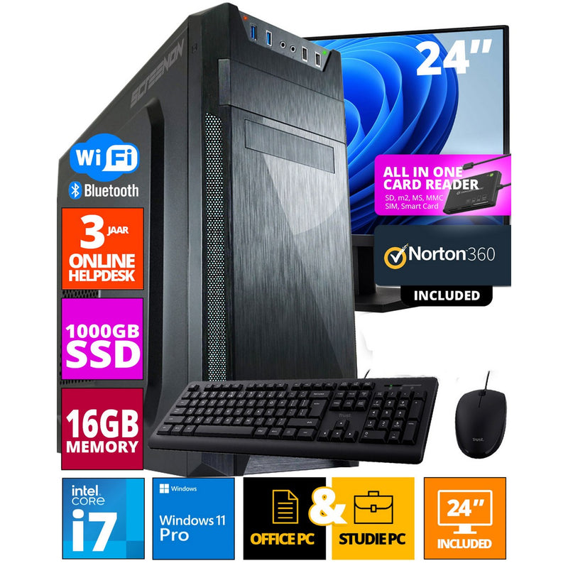 Intel Budget Office PC Set - Office PC - 24 inch Monitor + Mouse + Keyboard - Including Office Professional Plus 2021, Norton 360 & USB SD Card Reader