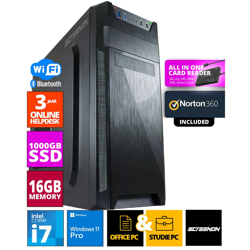 Intel Budget Office PC - Intel Core i7 - 1TB NVME SSD - 16GB RAM - UHD Graphics 630 - Including Office Professional Plus 2021, Norton 360 & USB SD Card Reader