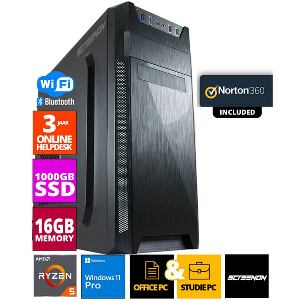 ScreenON - Ryzen 5 - 1TB M.2 SSD - 16GB RAM - GTX 1650/1660 of RTX 2060 - Allround Office PC - Inclusief Norton 360 + WiFi & Bluetooth