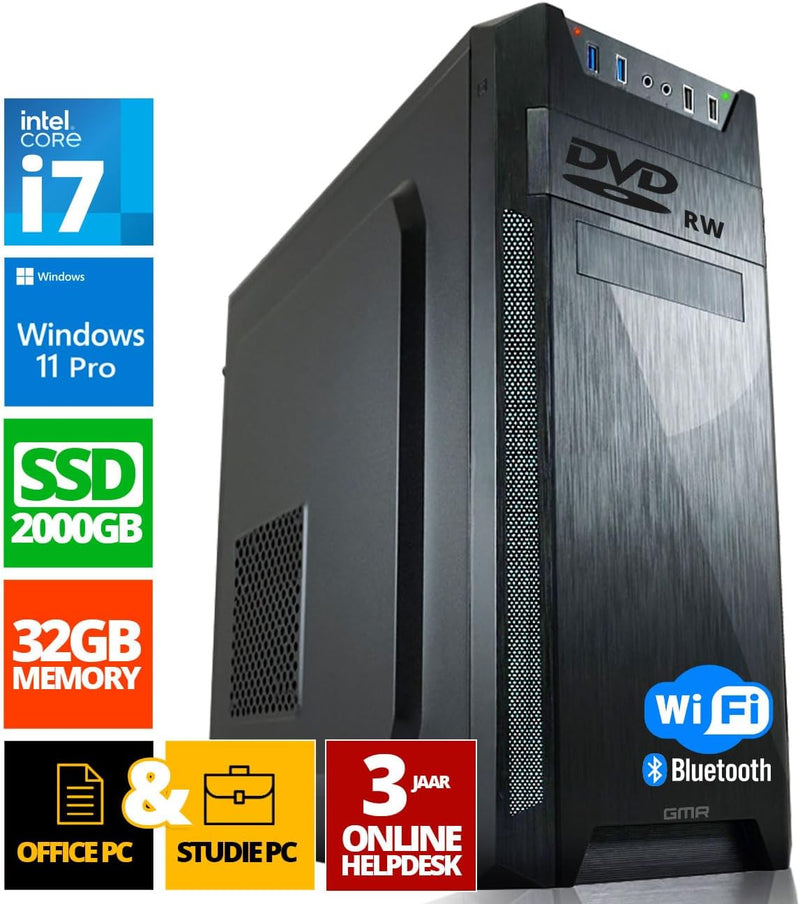 Ultra Intel i7 PC - Schneller Rechner + Computer für Büro & Home Office mit 32GB DDR3 RAM/Arbeitsspeicher - 2TB SSD - DVD+RW - USB3.0 - WiFi 600 und Bluetooth 5 - Win 11 Pro