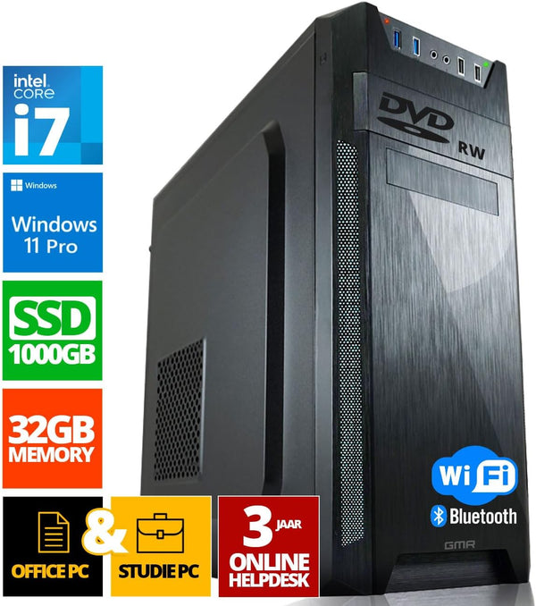 Ultra Intel i7 PC - Schneller Rechner + Computer für Büro & Home Office mit 32GB DDR4 RAM/Arbeitsspeicher - 1TB SSD - DVD+RW - USB3.0 - WiFi 600 und Bluetooth 5 - Win 11 Pro