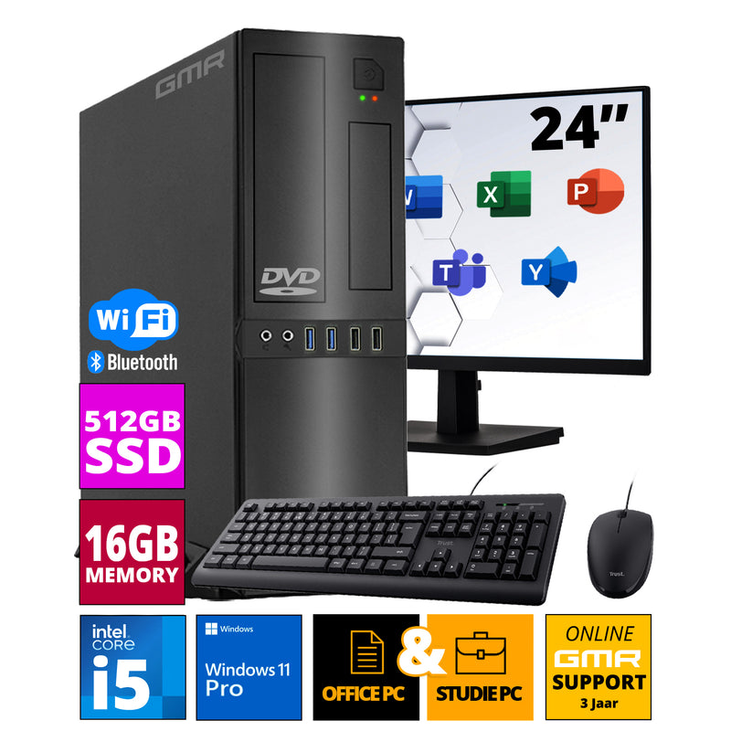 Intel Compleet Desktop SET | Intel Core i5 | 16 GB RAM | 512GB SSD | DVD+RW | Windows 11 Pro | 24 Inch Monitor + Muis & Toetsenbord