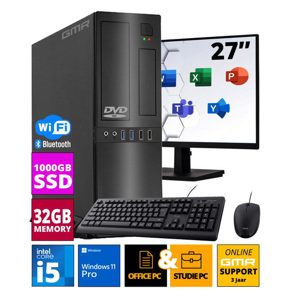Intel Compleet Desktop SET | Intel Core i5 | 32 GB RAM | 1 TB SSD | DVD+RW | Windows 11 Pro | 27 Inch Monitor + Muis & Toetsenbord